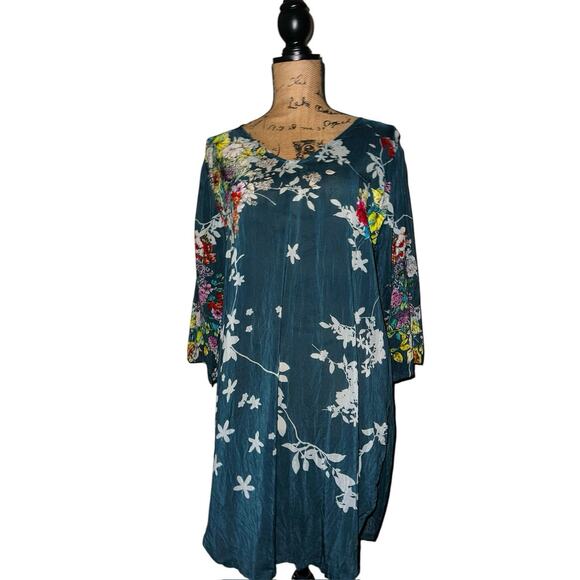 Johnny Was Tops - JOHNNY WAS TOP SHEER CRINKLE WATERCOLOR FLORAL TUNIC BLOUSE TEAL BLUE MEDIUM M